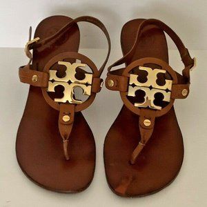 TORY BURCH Miller Sandals Kitten Heel Leather Logo Buckle SlingThong Sz 7.5M